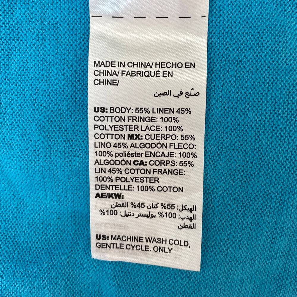 CHICO'S Blue Linen Blend Tassel Trim Open Front Cardigan Boho Sweater Size 1 - Picture 10 of 12